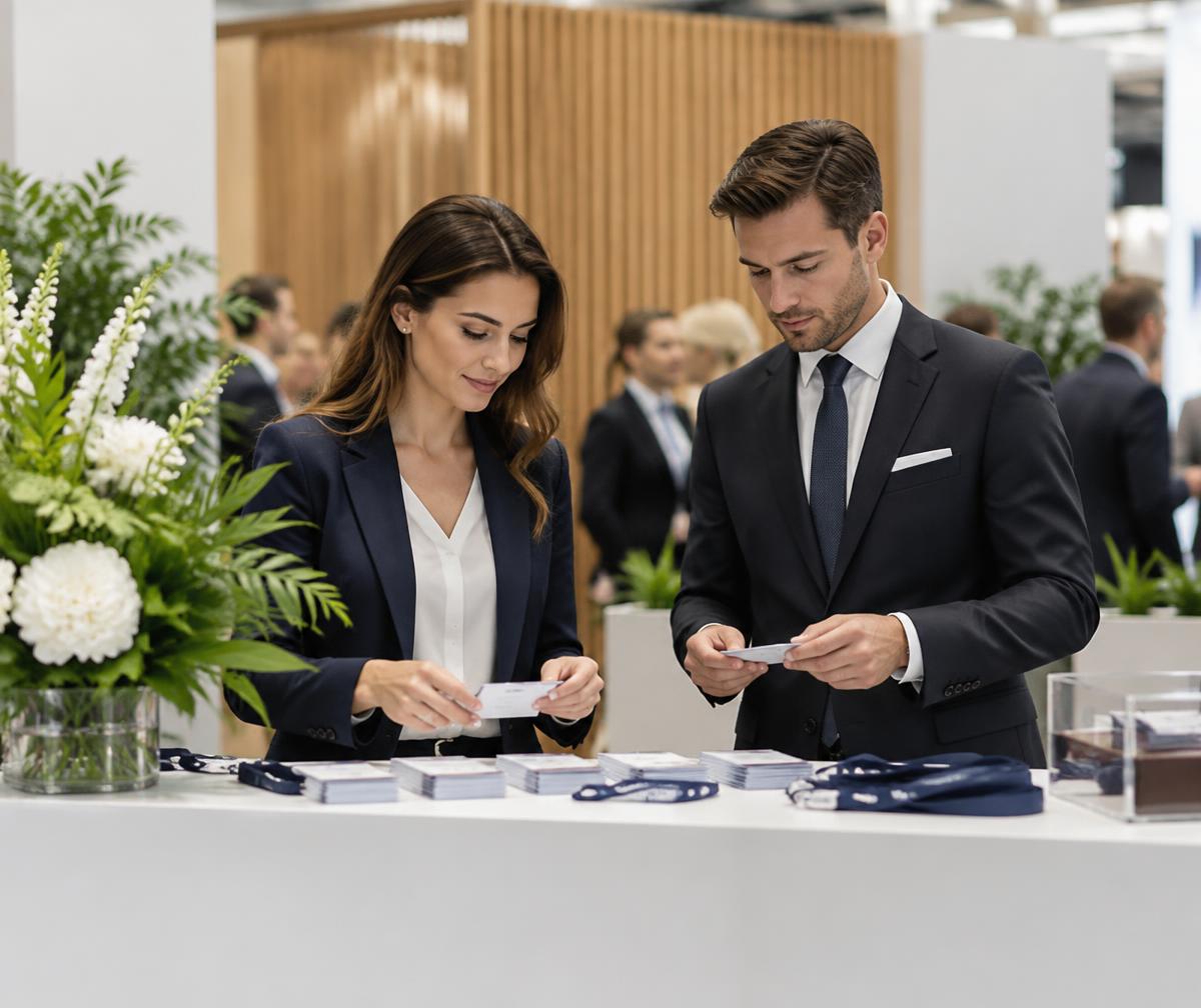 Professionelles Messepersonal bereitet den Empfang und die Besucherausweise vor